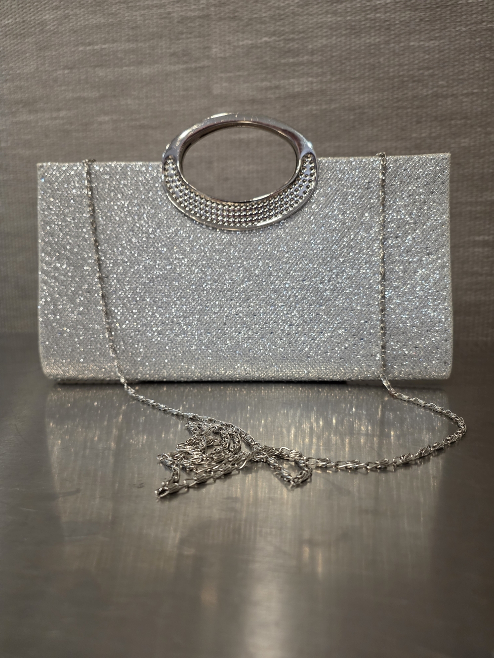 Silver Glitter Evening Clutch Rhinestone Ring Handle Crossbody Bag Prom Wedding